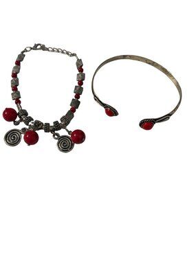 Vintage Southwestern Style Red Bead Bracelet & Cuff Bracelet Set Silver Tone Boh